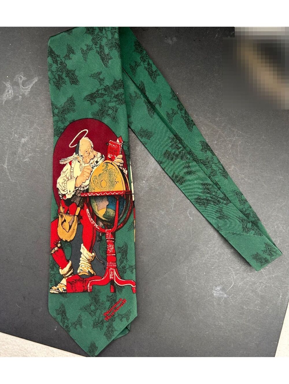 Norman Rockwell Vintage Green Christmas Themed Silk Tie with Santa Illustration